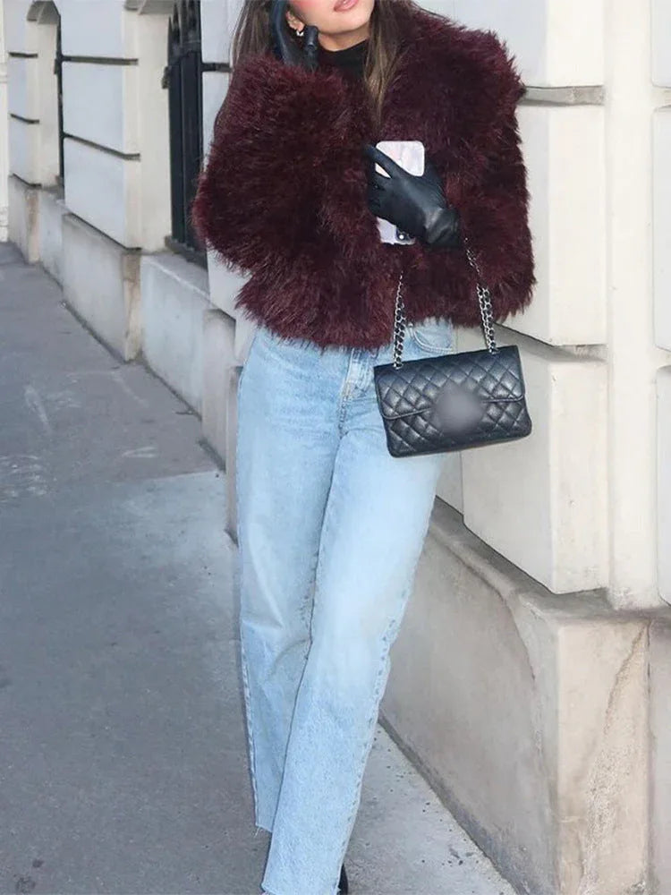 Vamp Burgundy Shaggy Faux Fur Cropped Jacket - TEVQA