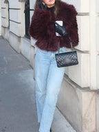 Vamp Burgundy Shaggy Faux Fur Cropped Jacket - TEVQA