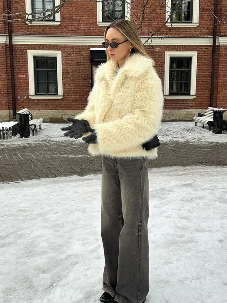 Cream plush faux fur cropped jacket - View 9 | TEVQA