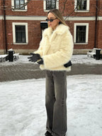 Cream plush faux fur cropped jacket - View 9 | TEVQA
