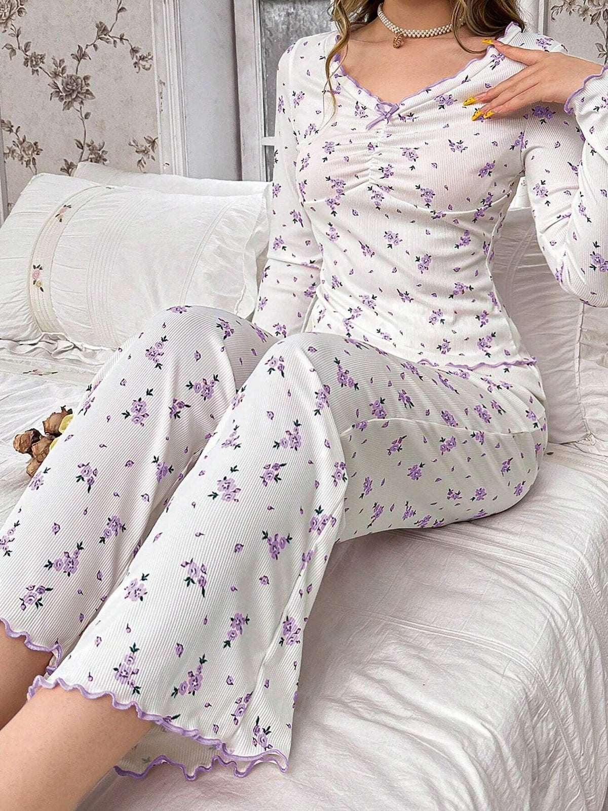 Ribbed Knit Floral Pajama Set - View 31 | TEVQA
