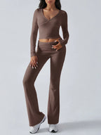 V-Neck Crop Top and Fold-Over Flare Pants Set - View 13 | TEVQA