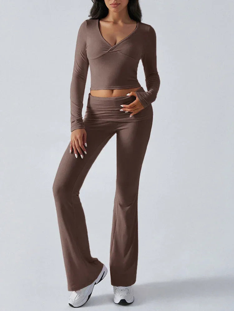 V-Neck Crop Top and Fold-Over Flare Pants Set - View 13 | TEVQA