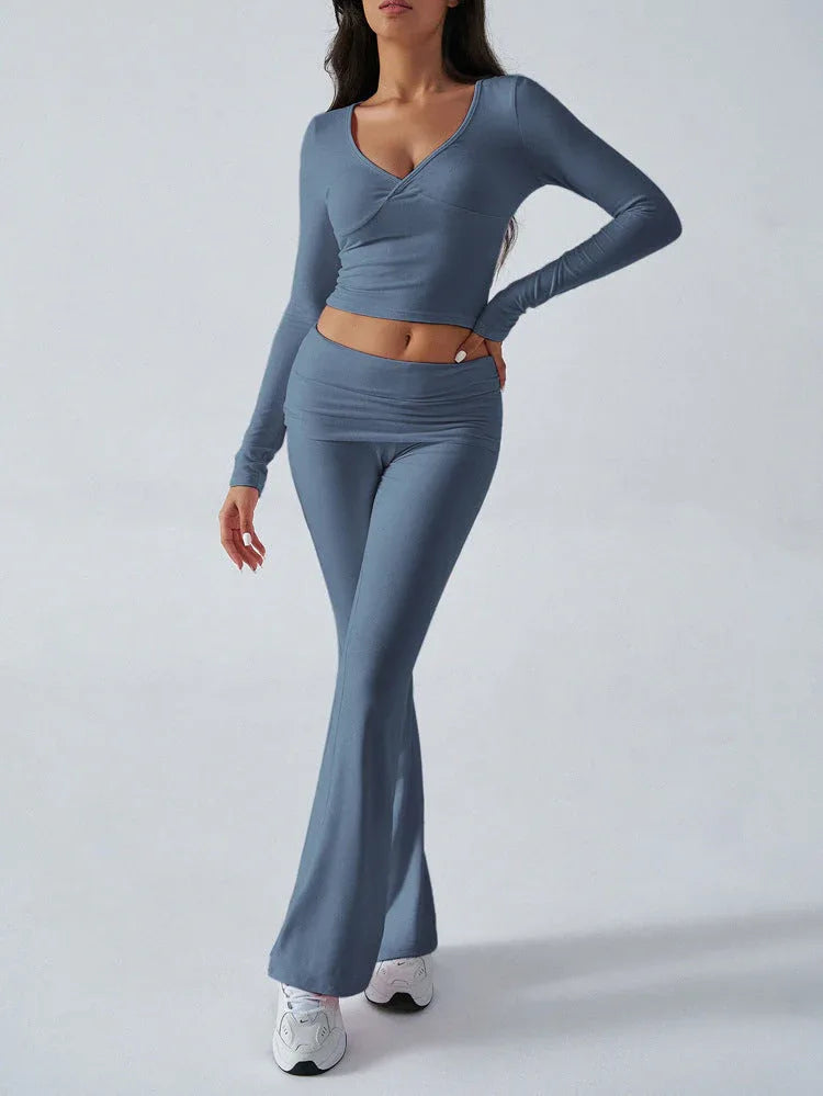 V-Neck Crop Top and Fold-Over Flare Pants Set - View 20 | TEVQA