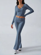 V-Neck Crop Top and Fold-Over Flare Pants Set - View 20 | TEVQA