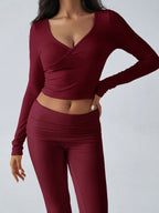 V-Neck Crop Top and Fold-Over Flare Pants Set - View 11 | TEVQA