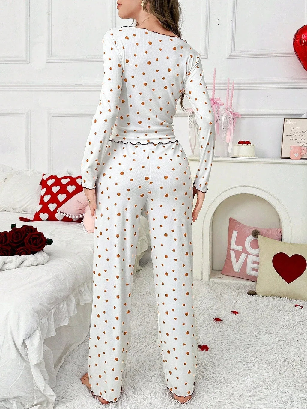 Ribbed Heart Print Pajama Set - View 14 | TEVQA