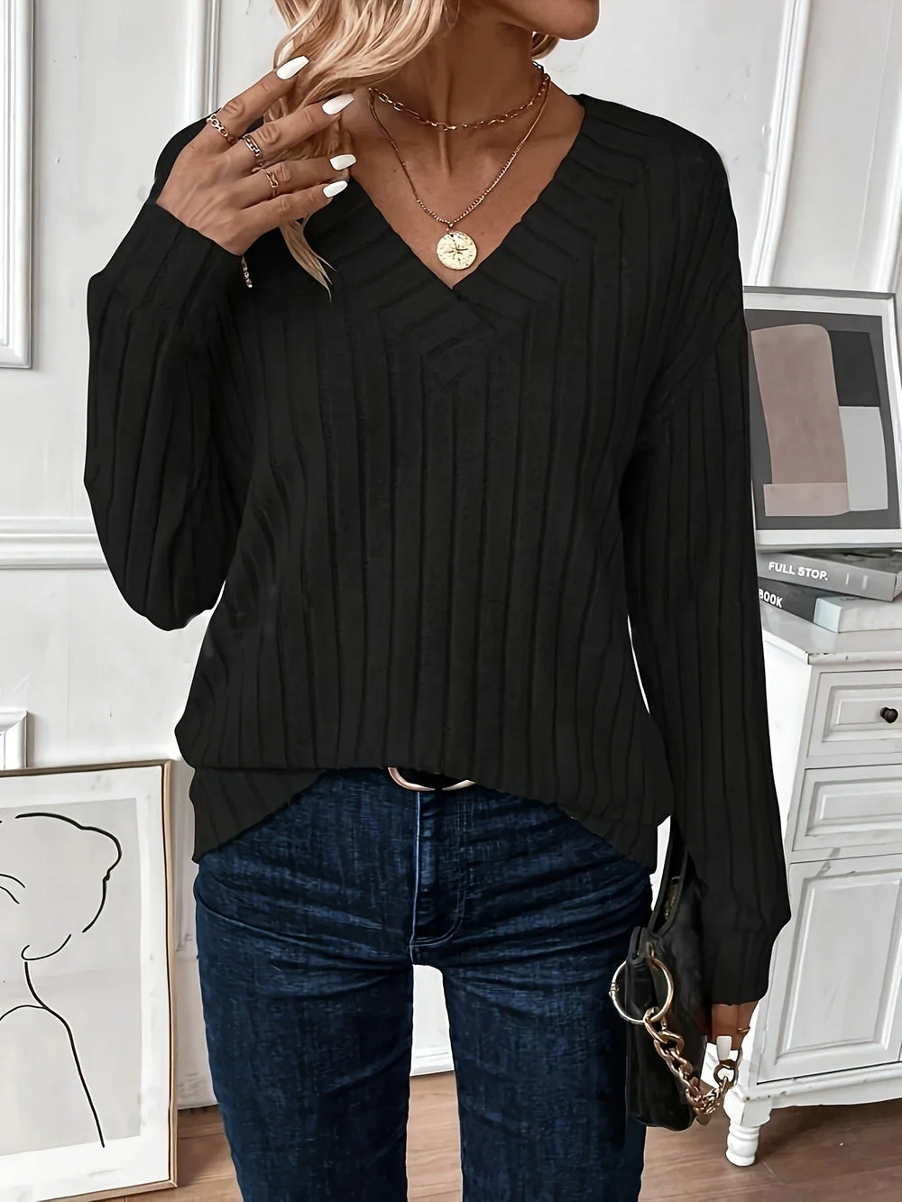 Wide Ribbed V-Neck Knit Top - View 6 | TEVQA