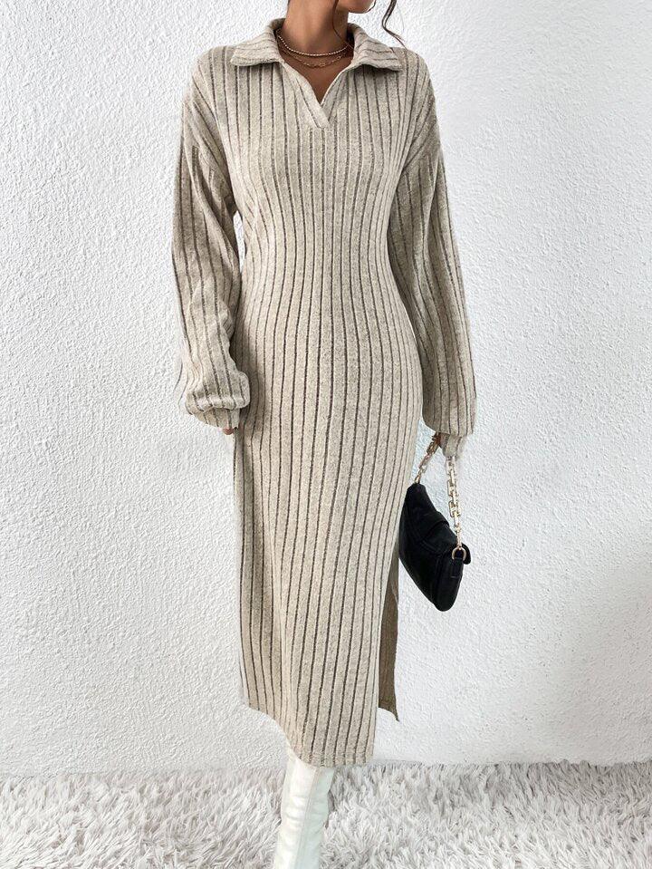 Ribbed Knit Polo Maxi Dress - View 8 | TEVQA