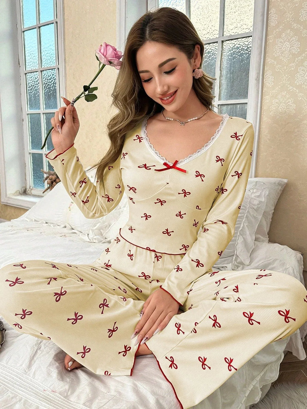 Ribbed pajama set with bow print and v-neckline - View 16 | TEVQA