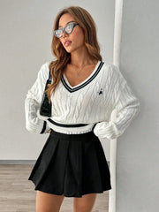 White cable knit V-neck sweater with black trim and embroidered crest - View 6 | TEVQA