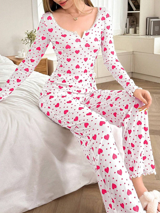 Pink Heart Print Ribbed Henley Pajama Set