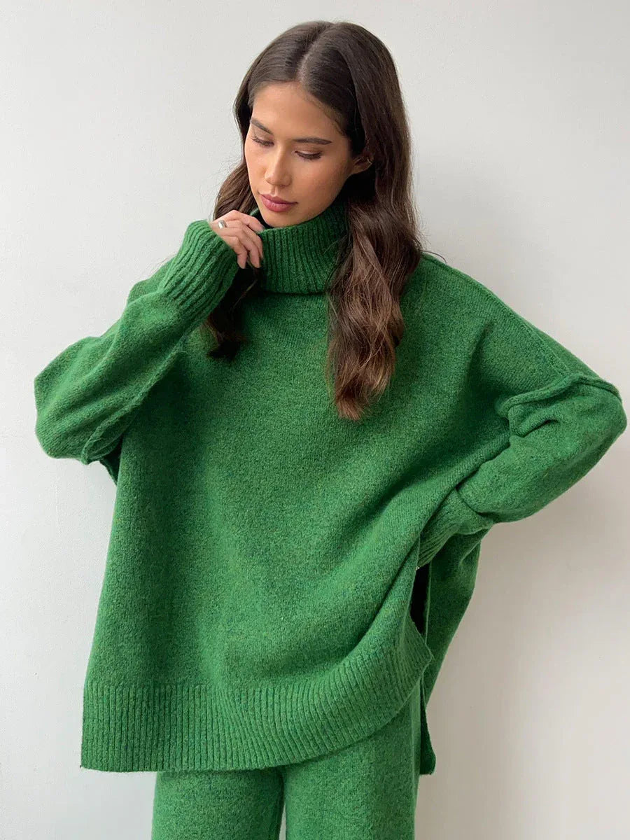 Turtleneck & Wide Leg Knit Two-Piece Set - TEVQA
