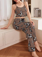 Ribbed cami and pants pajama set with butterfly print - View 30 | TEVQA