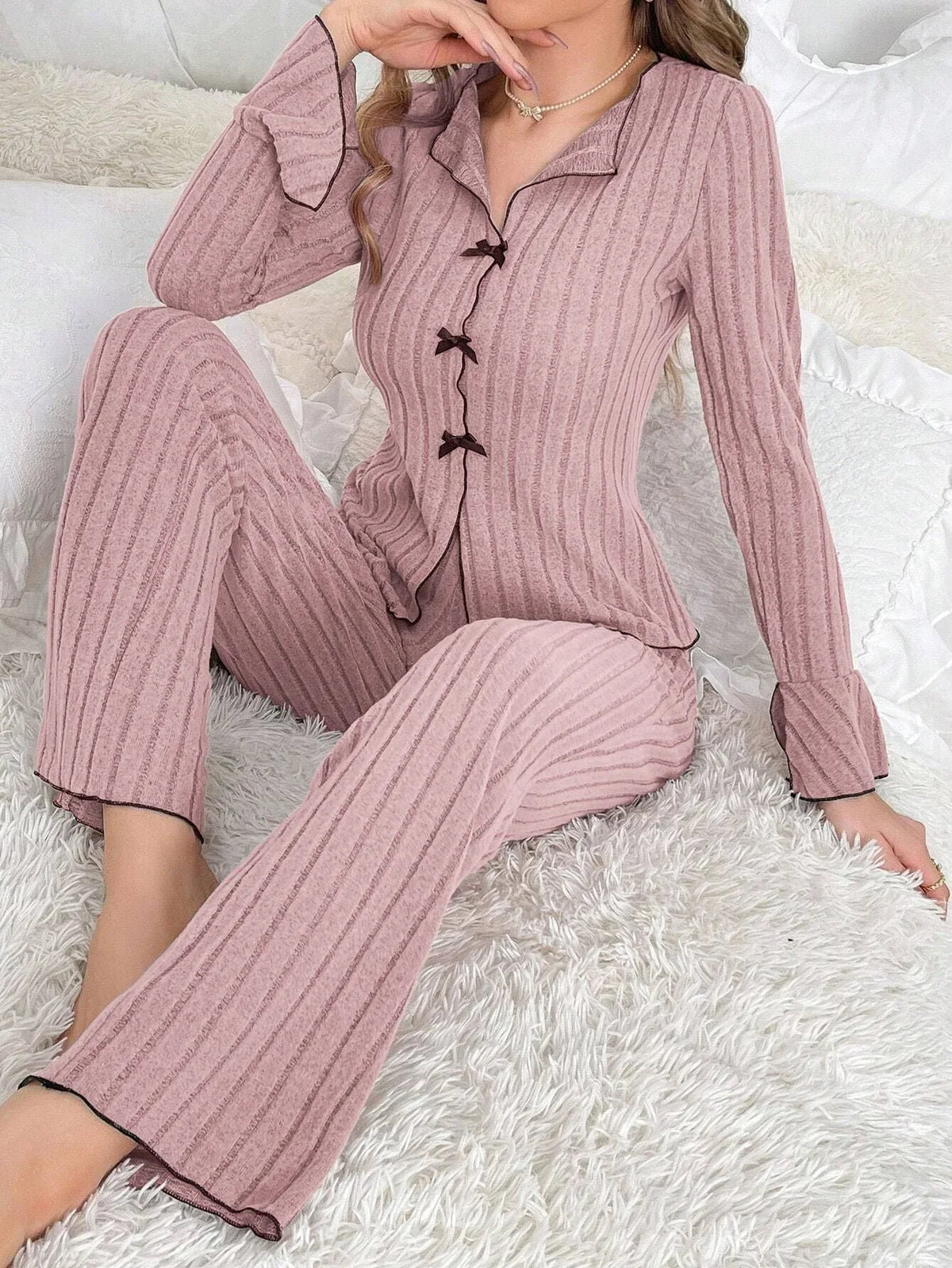 Ribbed pajama set with contrast trim and bow details - View 25 | TEVQA