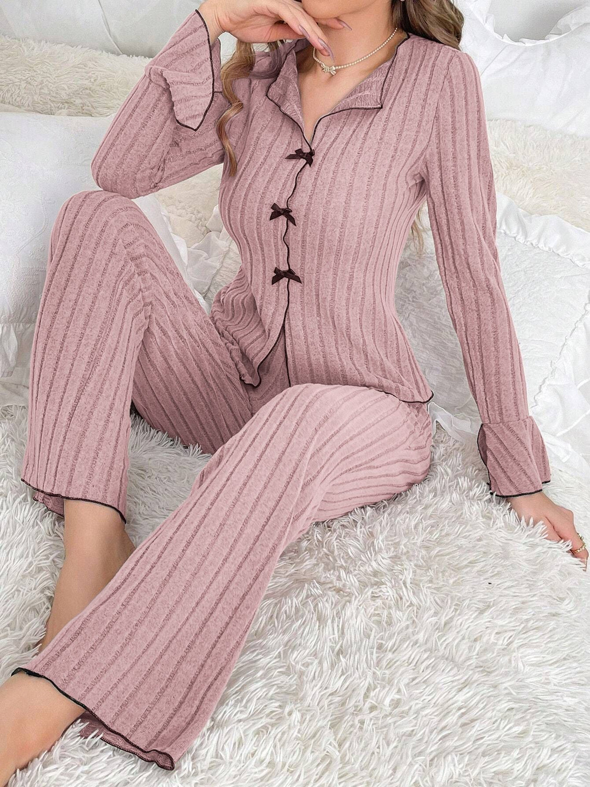 Coquette Contrast Trim Ribbed Pajama Set