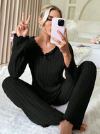 Ribbed Pajama Set with Contrast Trim - View 13 | TEVQA