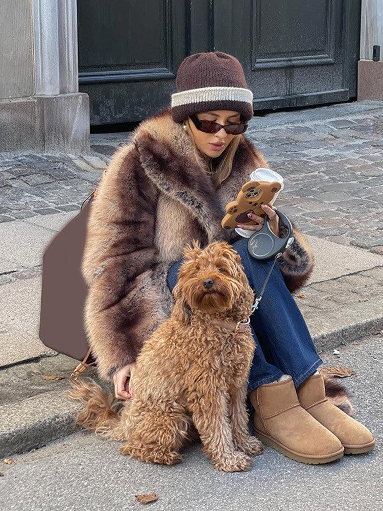 Vintage-Inspired Striped Faux Fur Long Coat - TEVQA