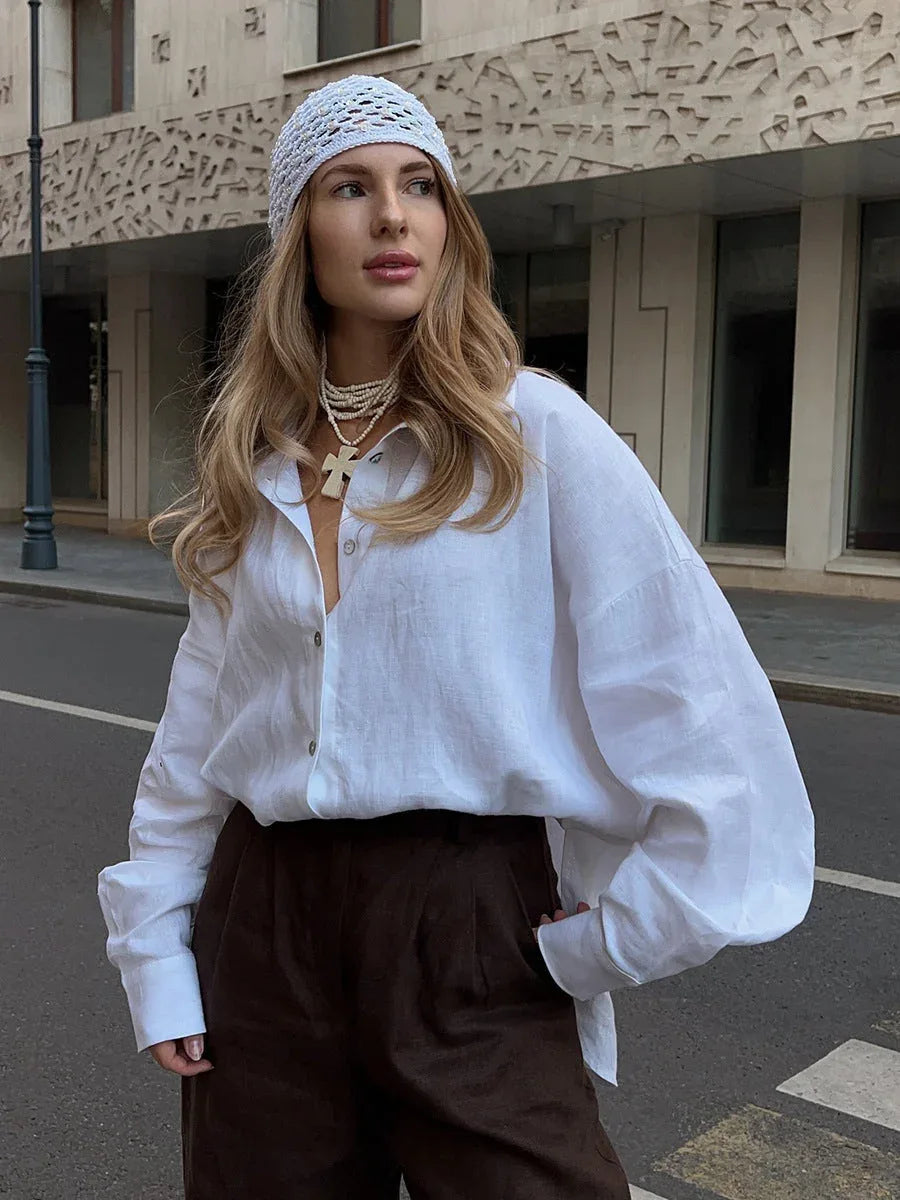 Effortless 100% Cotton Oversized Button Down Shirt - TEVQA