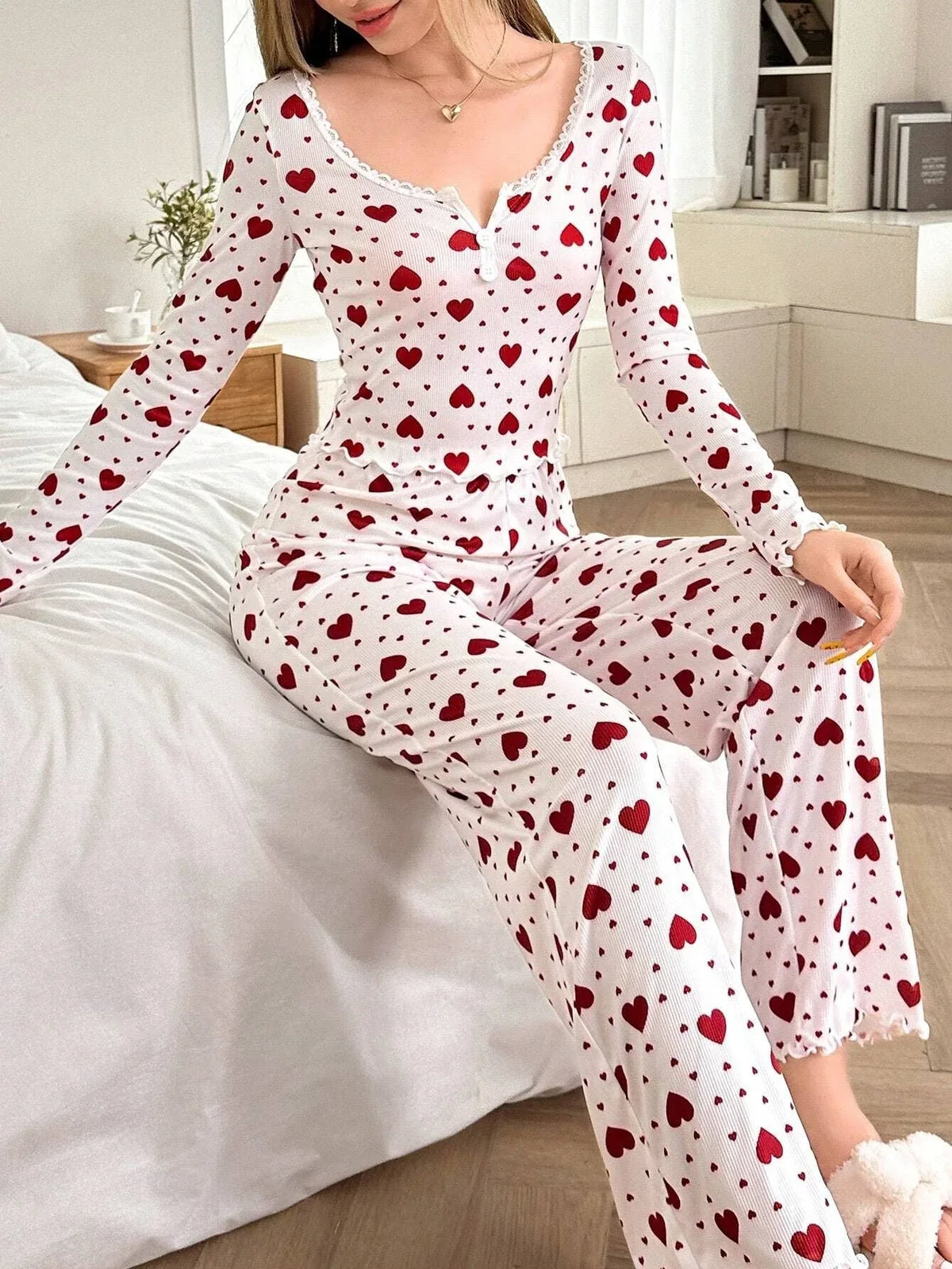 Ribbed Heart Print Pajama Set - View 21 | TEVQA