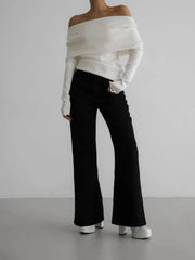 Sculpted Fold-Over Off-Shoulder Ribbed Knit Top - TEVQA