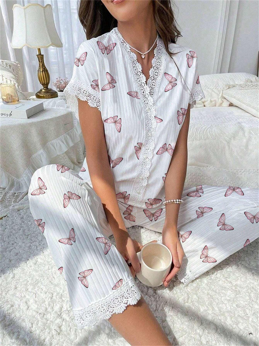 Cherry print ribbed pajama set with lace trim - View 27 | TEVQA
