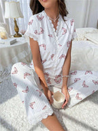Cherry print ribbed pajama set with lace trim - View 27 | TEVQA