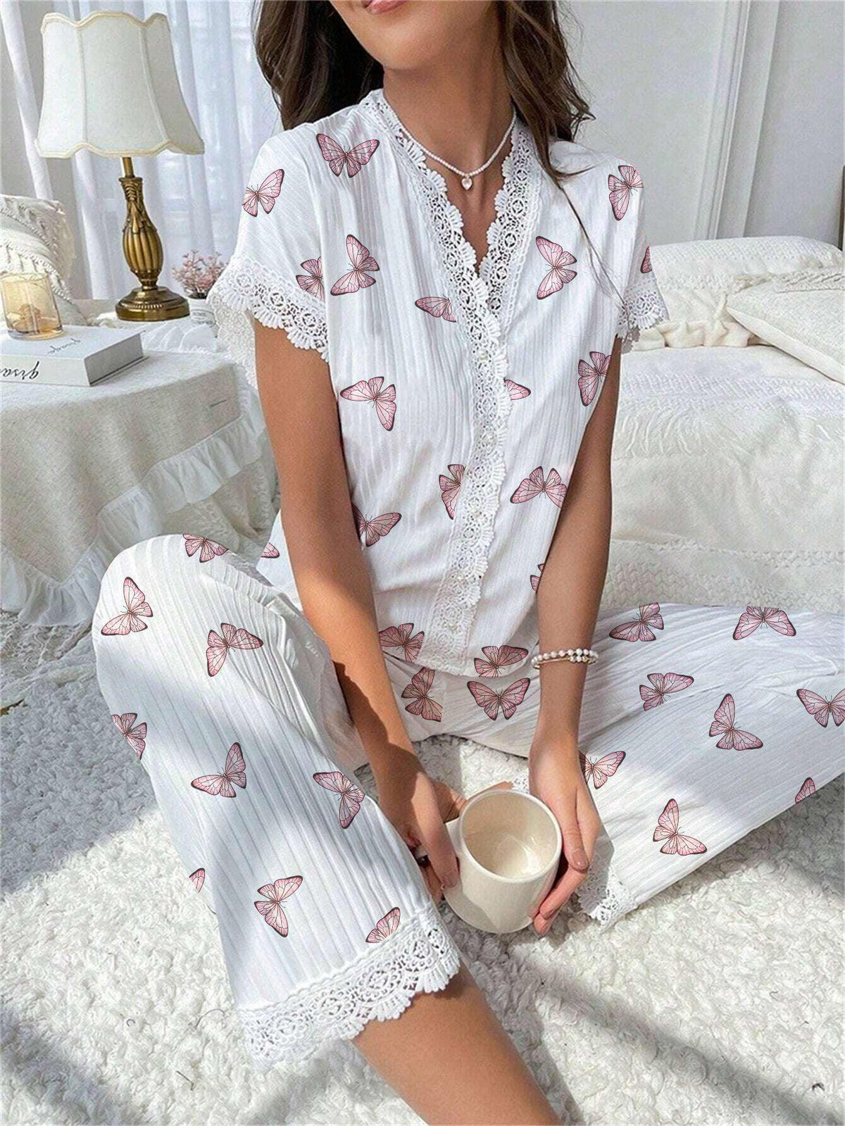 Cherry print ribbed pajama set with lace trim - View 27 | TEVQA