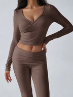 V-Neck Crop Top and Fold-Over Flare Pants Set - View 17 | TEVQA
