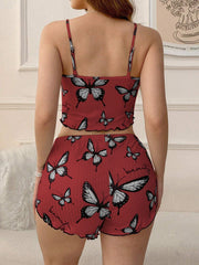 Blue Butterfly Print Ribbed Cami & Shorts Set