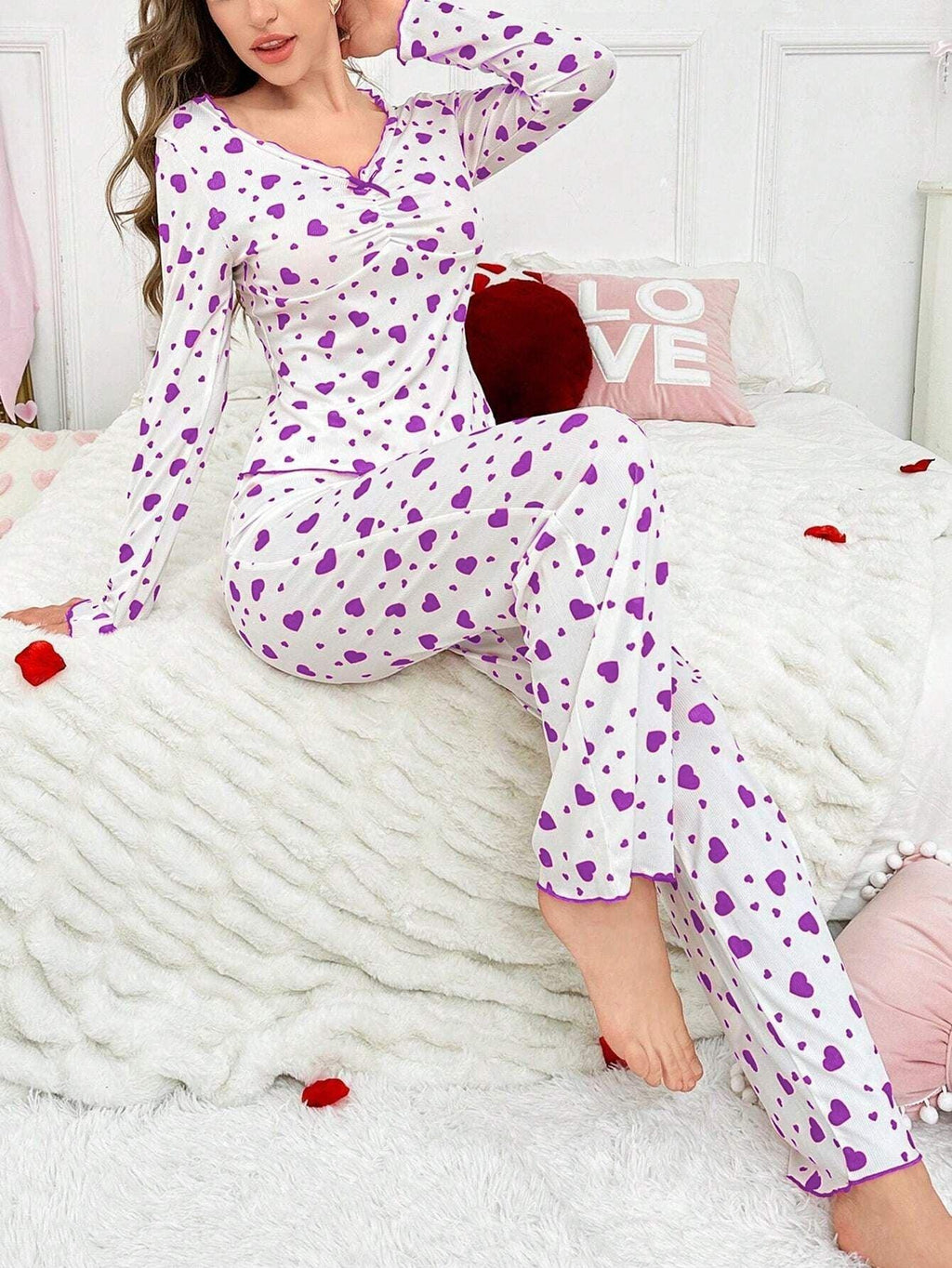 Ribbed Heart Print Pajama Set - View 32 | TEVQA
