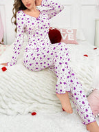 Ribbed Heart Print Pajama Set - View 32 | TEVQA