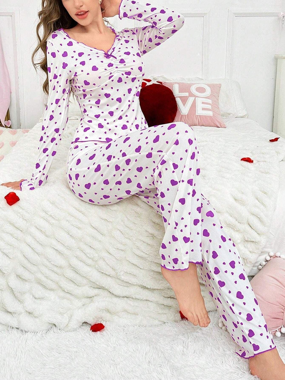 Ribbed Heart Print Pajama Set - View 32 | TEVQA