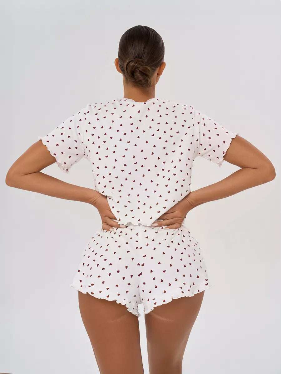 Ditsy Heart Print Ribbed Tee & Shorts Set