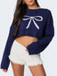 Cropped sweater with white bow graphic on navy blue background - View 7 | TEVQA