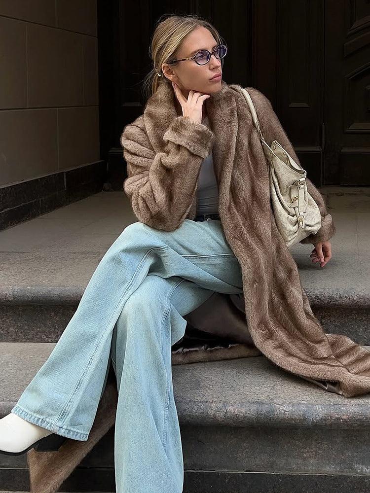Vintage Mink Texture Faux Fur Long Coat - TEVQA