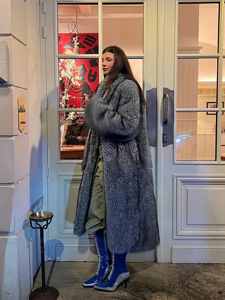 Opulent Silver Grey Faux Fur Maxi Coat - View 7 | TEVQA