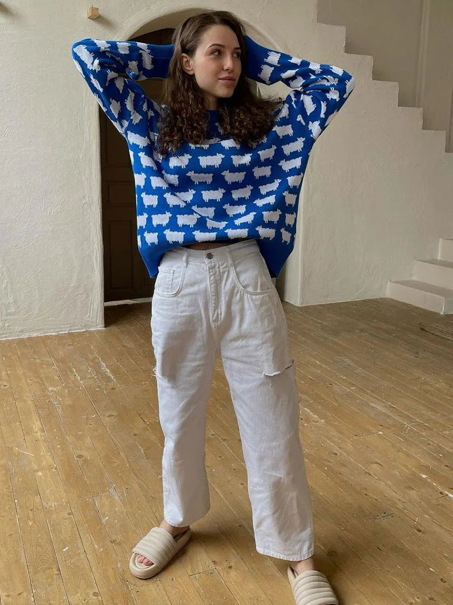 Whimsical Sheep Jacquard Knit Sweater - TEVQA