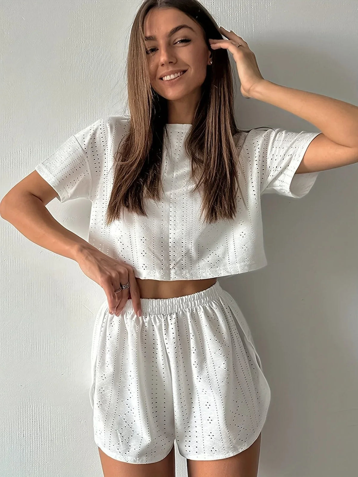 White Hollow Out Eyelet Lounge Set - TEVQA Main image