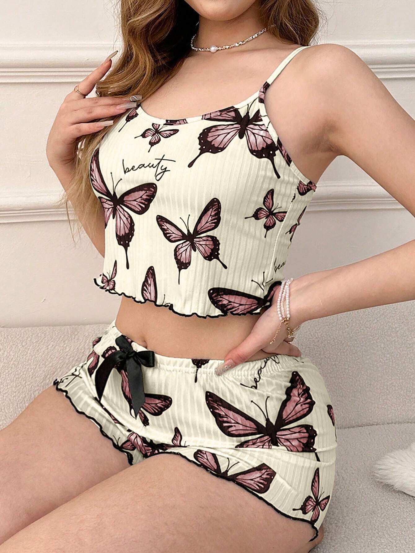 Blue Butterfly Print Ribbed Cami & Shorts Set