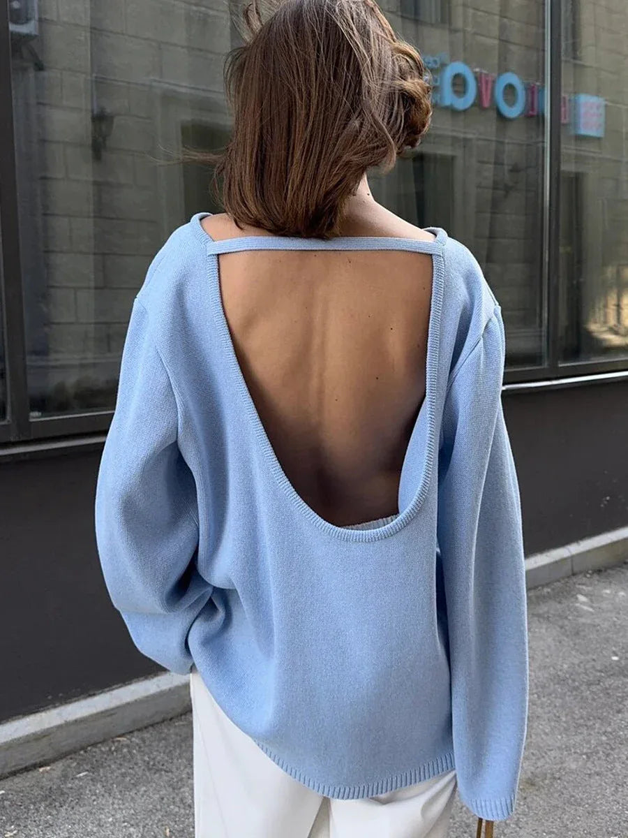 Open-Back 100% Cotton Heavyweight Knit Sweater - TEVQA