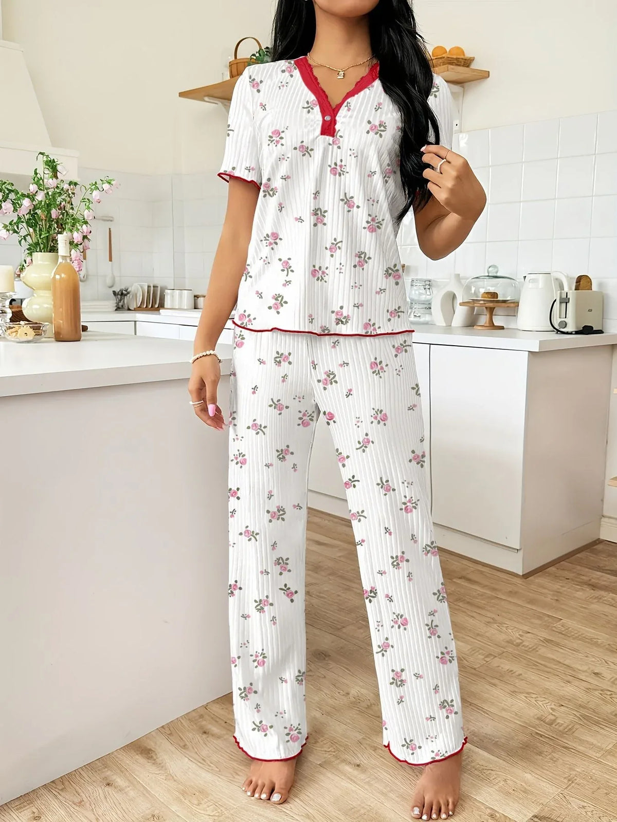 Ribbed Heart Print Lounge Set - View 13 | TEVQA