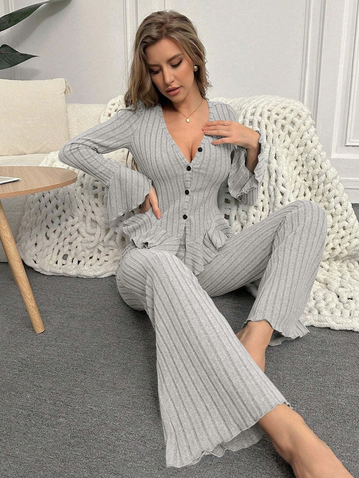 Ribbed Peplum Knit Lounge Set - View 19 | TEVQA