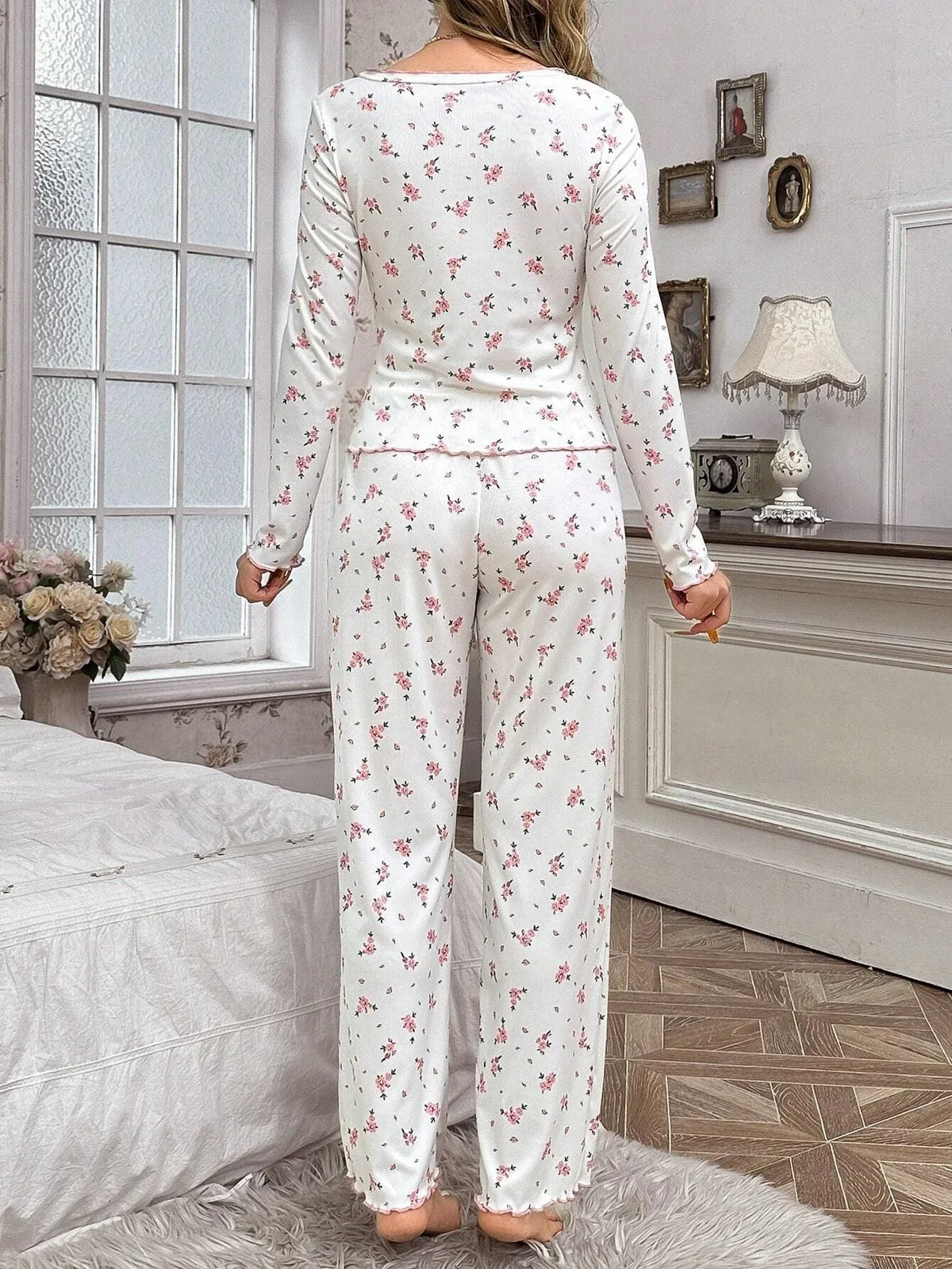 Ribbed Knit Floral Pajama Set - View 8 | TEVQA
