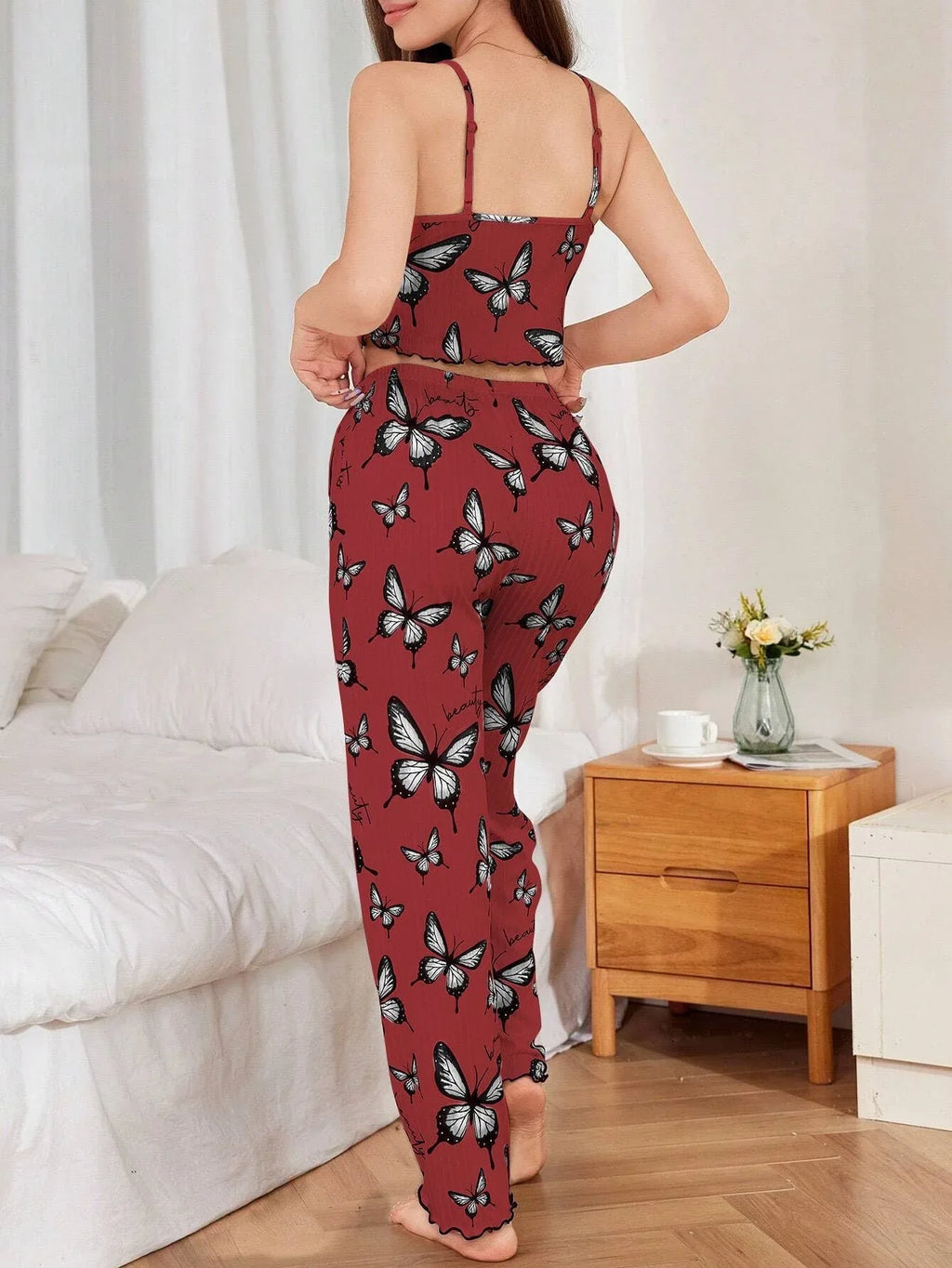 Ribbed cami and pants pajama set with butterfly print - View 12 | TEVQA