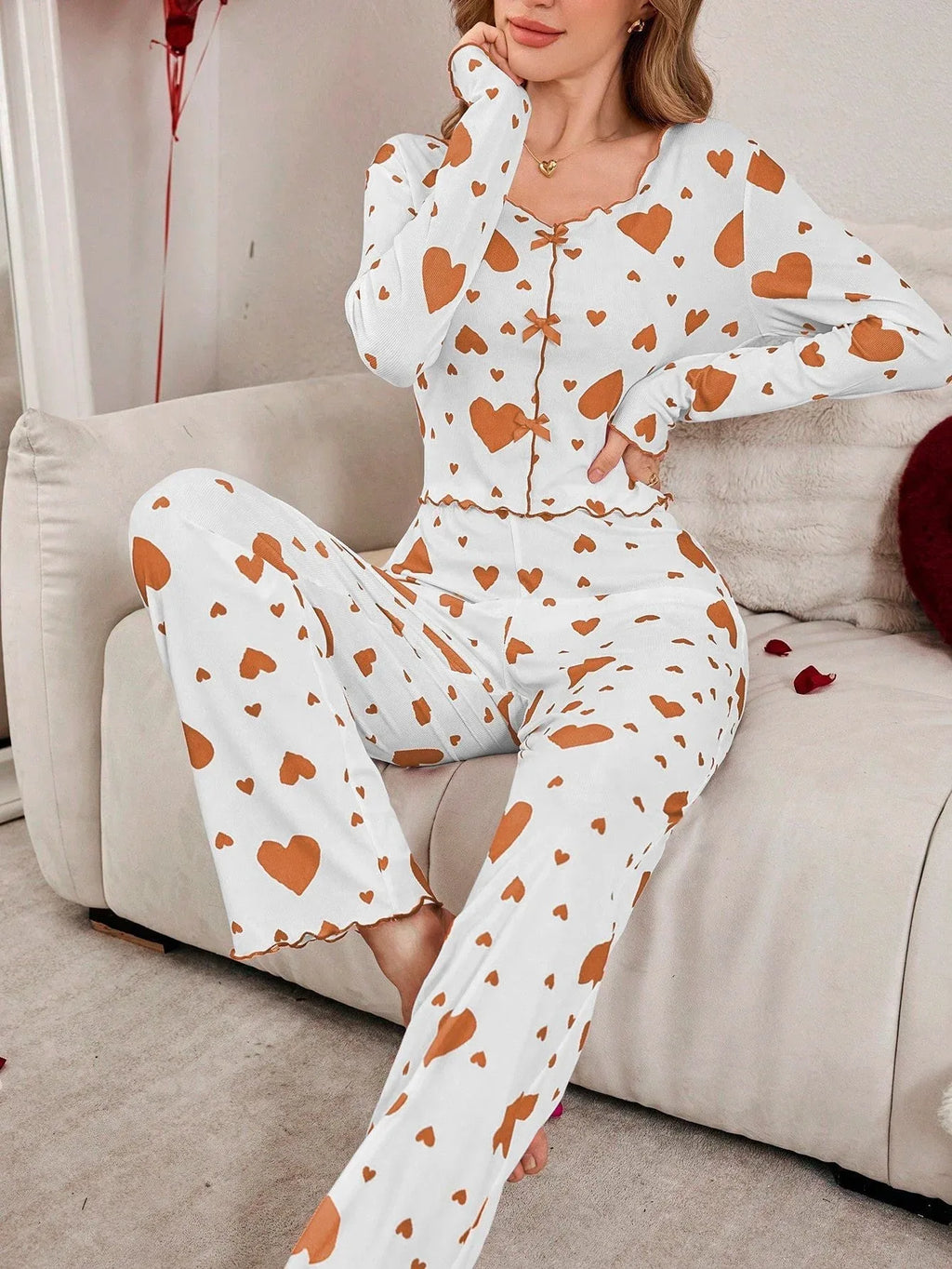 Ribbed Heart Print Pajama Set - View 24 | TEVQA