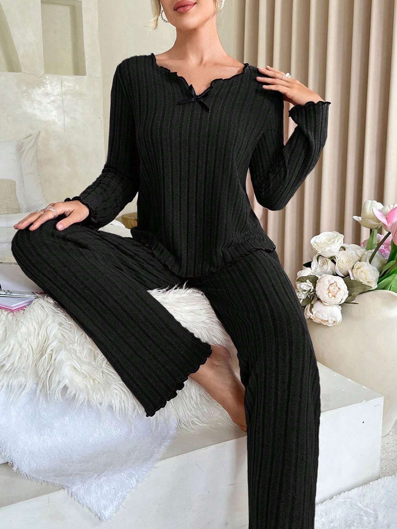 Coquette Contrast Trim Ribbed Pajama Set