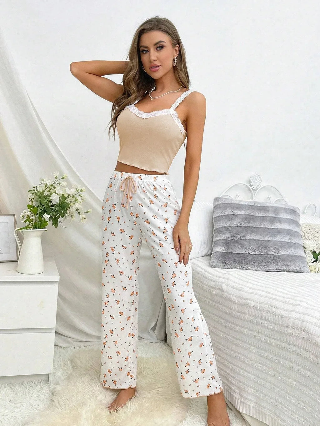 Ribbed Cami & Floral Wide Leg Pajama Set - View 21 | TEVQA