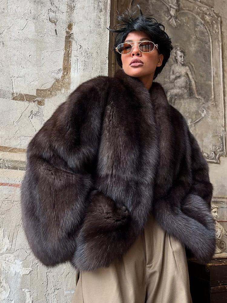 Sophisticated Deep Charcoal Plush Faux Fur Coat - TEVQA