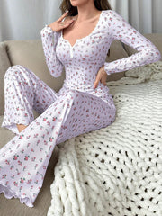 Coquette Ditsy Floral Ribbed Henley Pajama Set